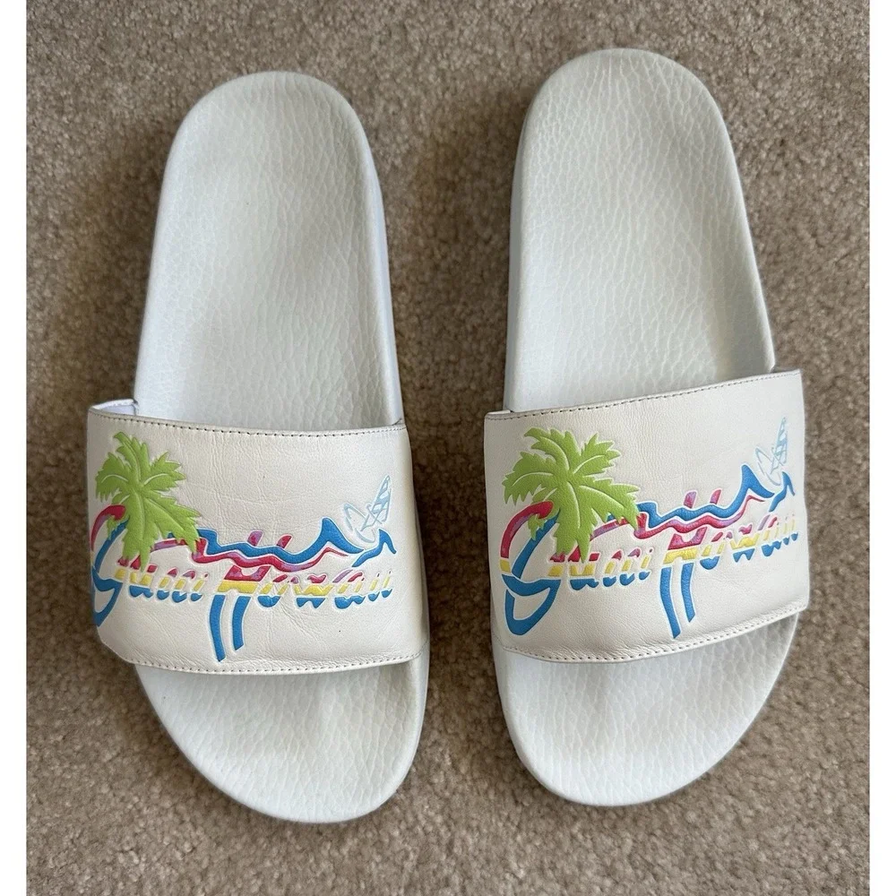 Gucci‎ Pursuit Slides Hawaii Men's UK 9 US 9.5 White Graphic Leather Upper Retro